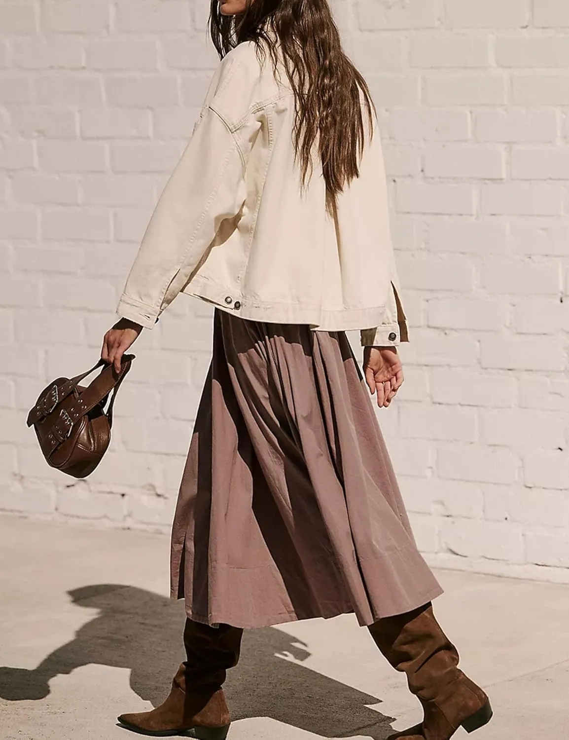 Zontroldy Women's Fashion Midi Skirt Elastic Waist Pleated Casual Cotton Long Skirts with Pockets