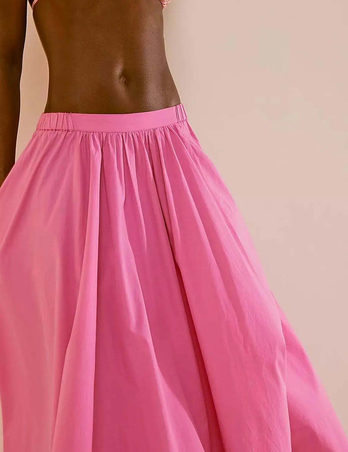 Zontroldy Women's Fashion Midi Skirt Elastic Waist Pleated Casual Cotton Long Skirts with Pockets